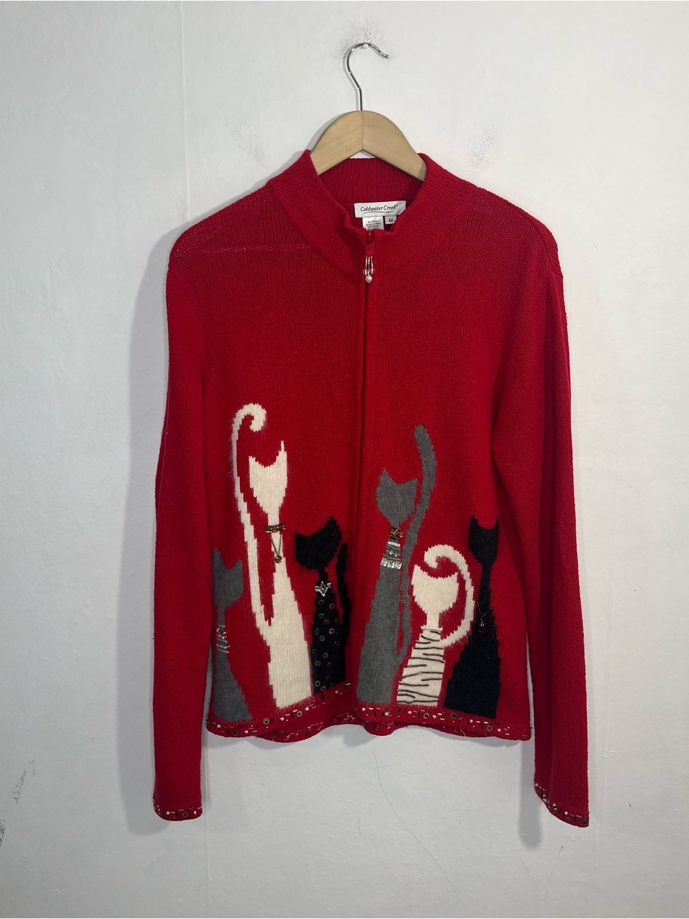 Coldwater Creek Red Bejeweled Cats Zip Sweater Cardigan Jacket Size‎ Medium